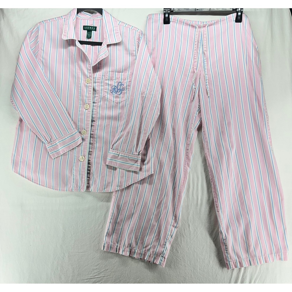 Lauren Ralph Lauren Women Pink Blue Striped Cotton Pajama Set L LRL Monogram